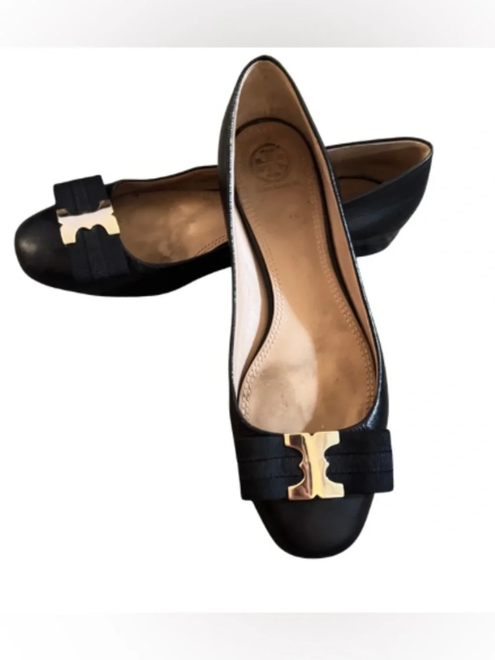 Tory Burch Gemini Link Bow Black Leather Ballet Flats Size 8.5 Classic Logo Cute